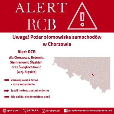Pożar złomowiska w Chorzowie. RCB ostrzega mieszkańców Bytomia