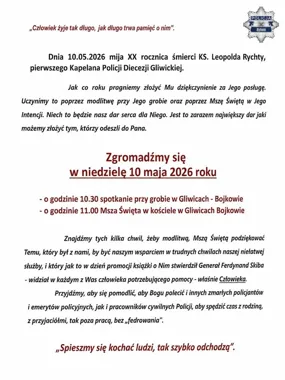 W Gliwicach-Bojkowie policjanci oddadzą hołd kapelanowi, który ich wspierał